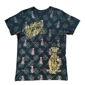 Christian Audigier Graphic Print T Shirt Black Gold Metallic Scorpion Large